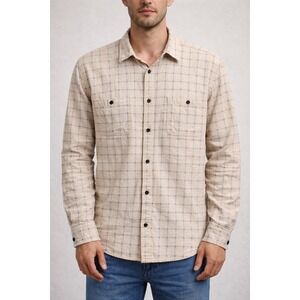 Lucky Brand California Fit Plaid Button-Up Shirt Men's XXL Beige Blue Long Sleev